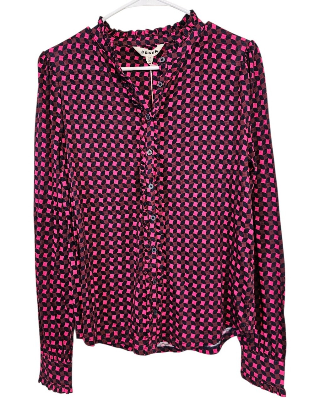 Boden Tencel Geometric Print Button Up Strech Long Sleeve Blouse